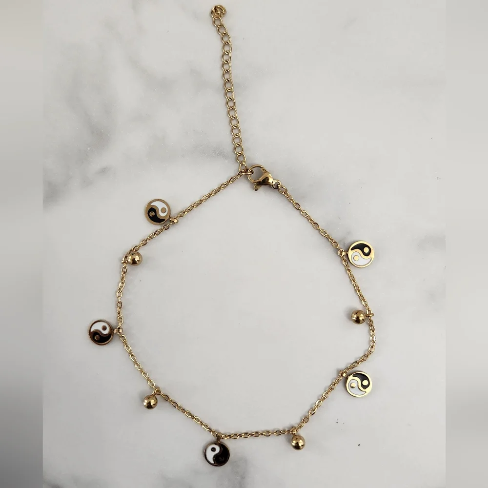 Gold Plated Yin Yang Anklet Adjustable Dainty Bracelet Minimalist Charm Jewelry - Picture 9 of 12